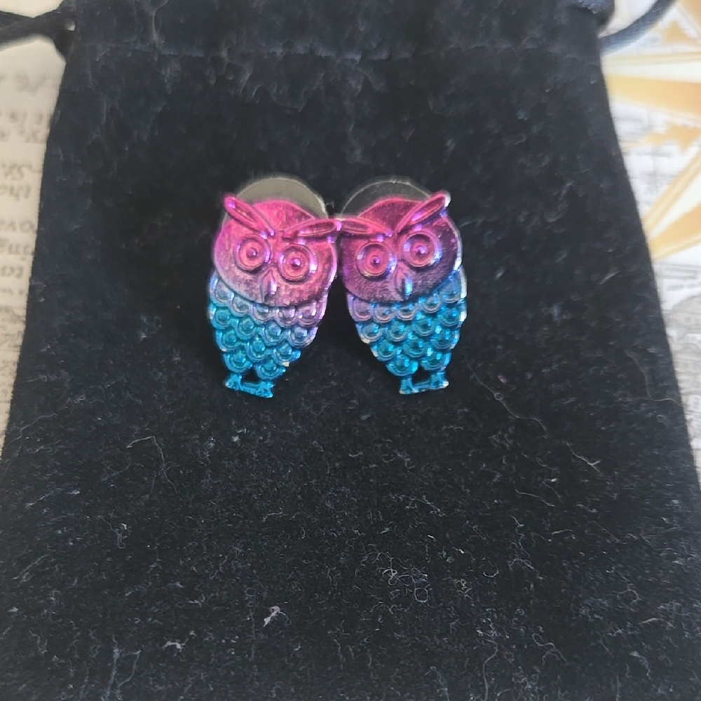 Owl Stud Earrings - Pink to Blue Ombre